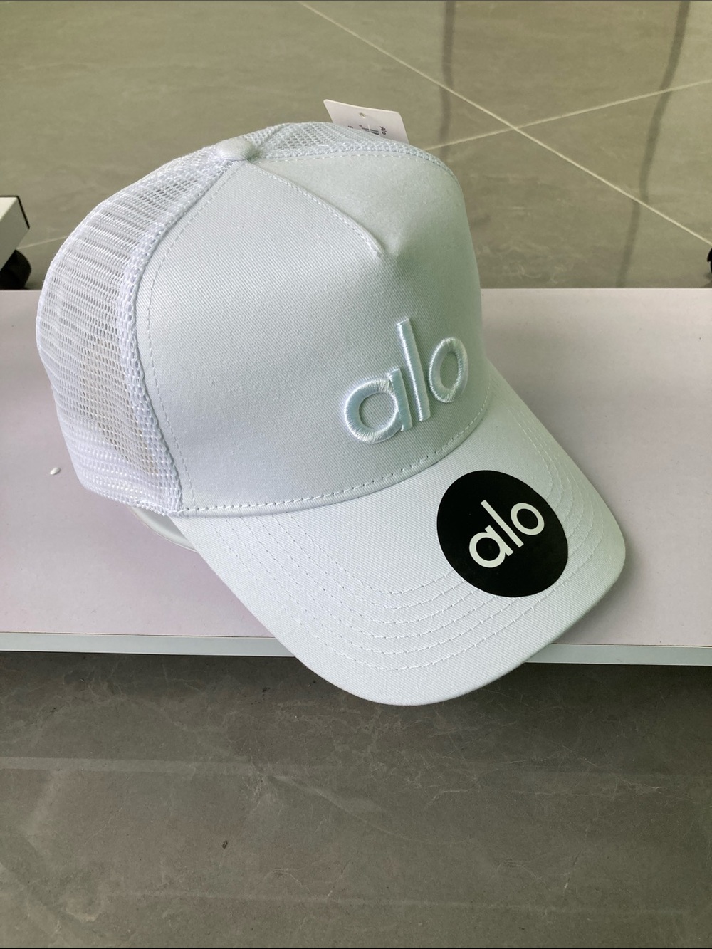 ALO Yoga Kids White Mesh Trucker Cap with Embroidered Logo